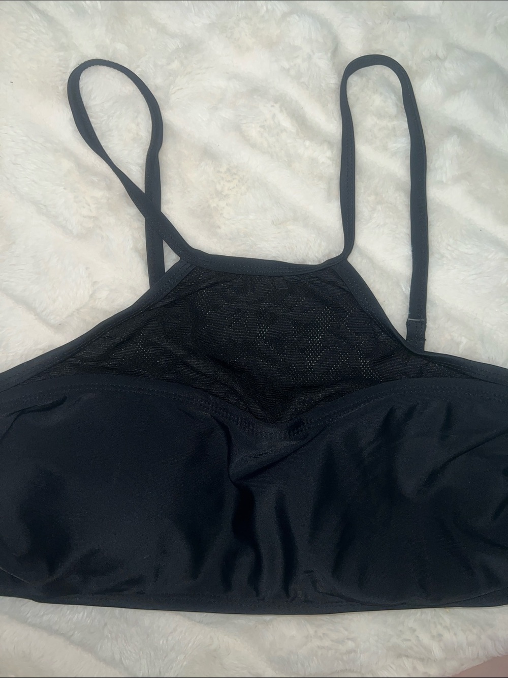 Women’s Black High-Neck Bikini Top with Mesh Panel